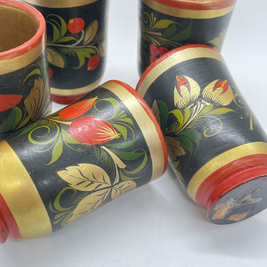 Набор из 5 стаканов/стопок "Хохлома", дерево, роспись, СССР, 1970-1990 гг.
