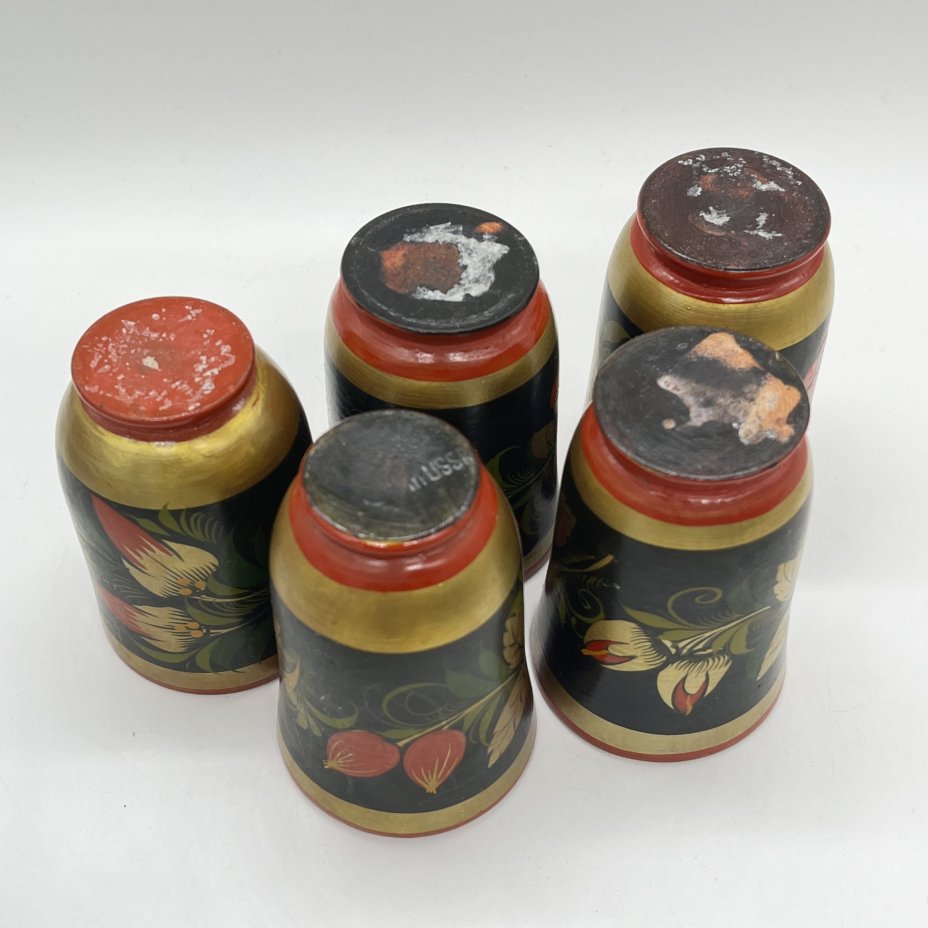 Набор из 5 стаканов/стопок "Хохлома", дерево, роспись, СССР, 1970-1990 гг.