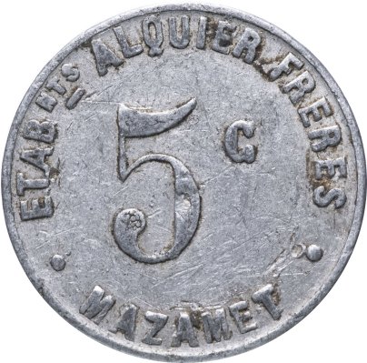Нотгельд Франция 5 сантимов "Коммуна Мазаме" 1922