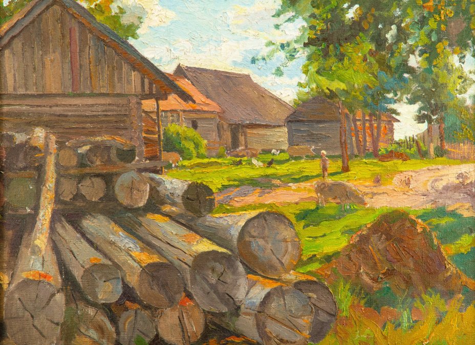 Картина "Лето в деревне. (Поленица)", оформленная в раму, художник Мазанов Леонтий Никифорович