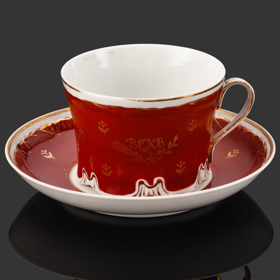 Чайная пара "ВСХВ", фарфор, крытье, золочение, Дмитровский фарфоровый завод (ДФЗ Вербилки), СССР, 1940-1954 гг.