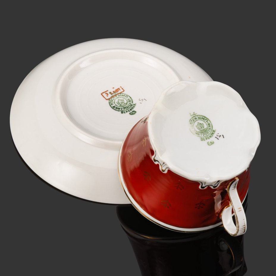 Чайная пара "ВСХВ", фарфор, крытье, золочение, Дмитровский фарфоровый завод (ДФЗ Вербилки), СССР, 1940-1954 гг.