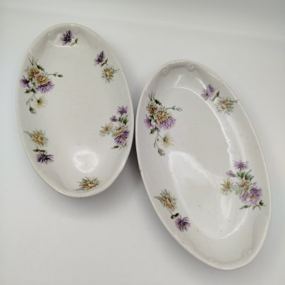 Набор из двух блюд овальной формы с цветочным декором, фарфор, деколь, подрисовка, Россия, 1900-1941 гг.