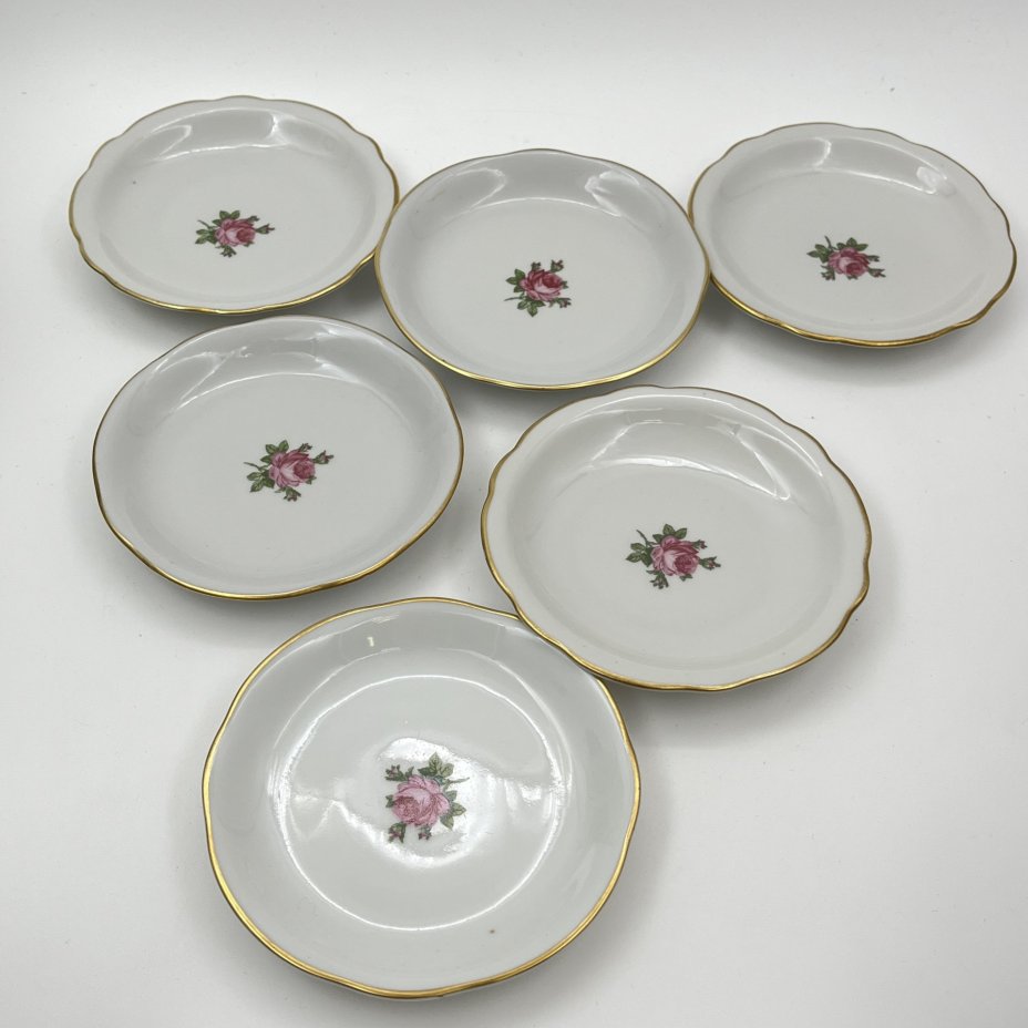 Набор из 6-ти блюдец (розеток) с цветочным декором, фарфор, деколь, золочение, Kahla, ГДР, 1964-1968 гг.