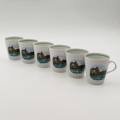 Набор чашек на 6 персон с изображением чешского замка "Рожмитал под Тршемшинем" (Rožmitál pod Třemšínem), фарфор, деколь, Lichte Porzellan (Лихте), Германия, 1980-1990 гг.