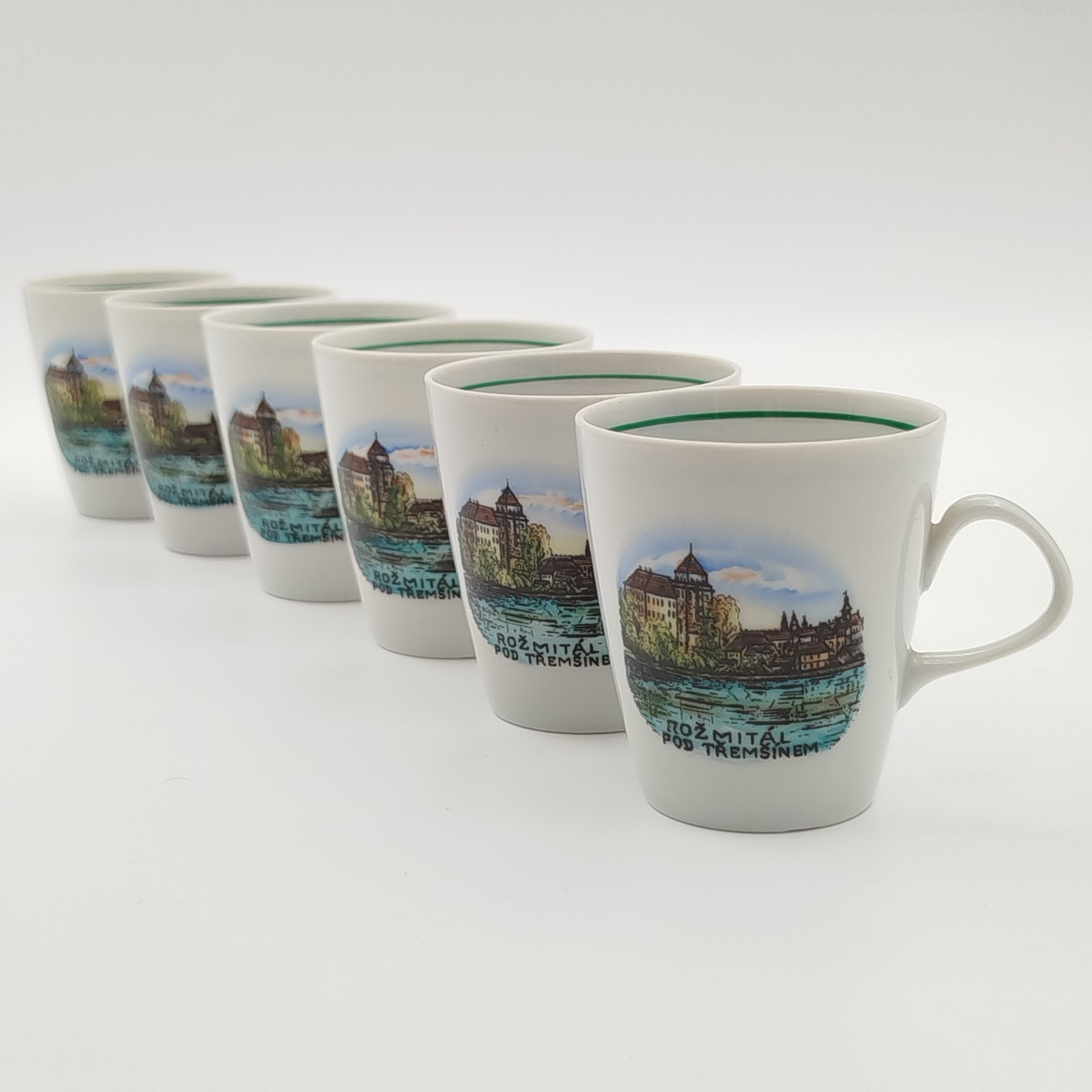 Набор чашек на 6 персон с изображением чешского замка "Рожмитал под Тршемшинем" (Rožmitál pod Třemšínem), фарфор, деколь, Lichte Porzellan (Лихте), Германия, 1980-1990 гг.