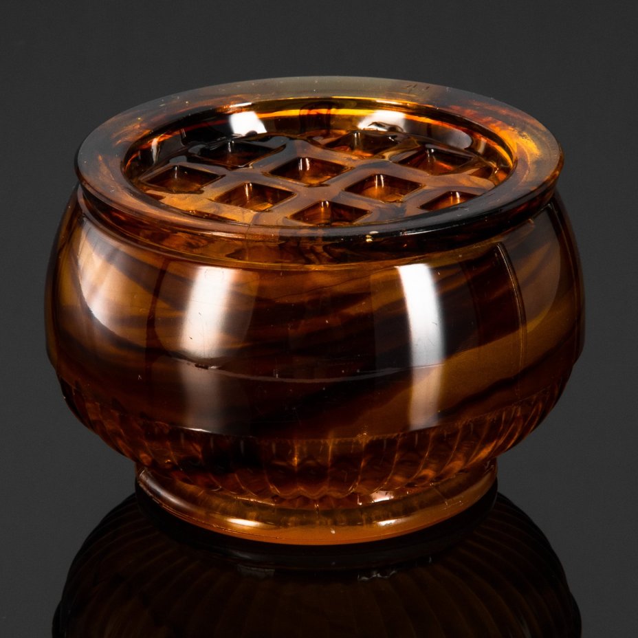 Ваза-подставка для цветов (роуз-боул, rose-bowl) "Amber Cloud", компания "George Davidson & Co", стекло, матовое, пресс, Великобритания, 1920-1930 гг.