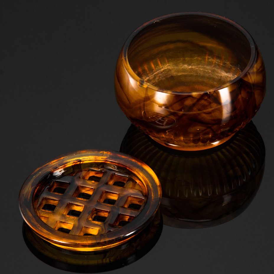 Ваза-подставка для цветов (роуз-боул, rose-bowl) "Amber Cloud", компания "George Davidson & Co", стекло, матовое, пресс, Великобритания, 1920-1930 гг.