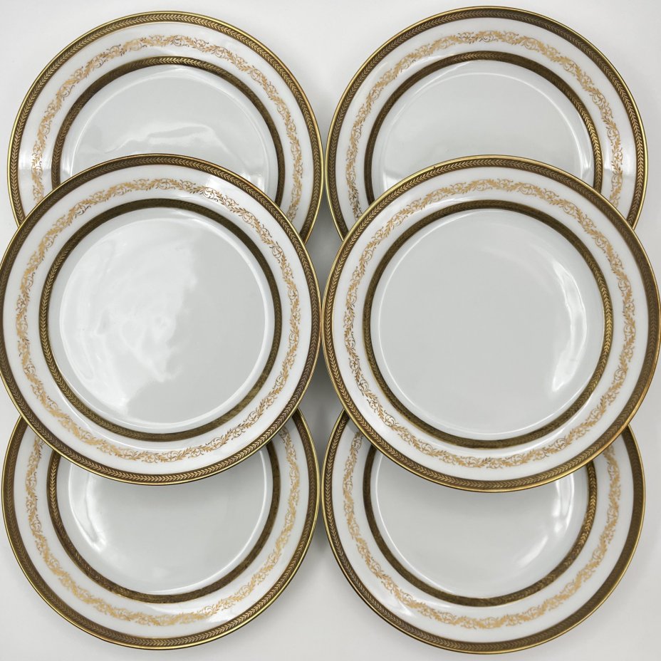 Набор десертных тарелок с растительным декором на 6 персон, серия "Charleroi-Bruxelles", фарфор, золочение, Tirschenreuth, Германия, 1969-1990 гг.