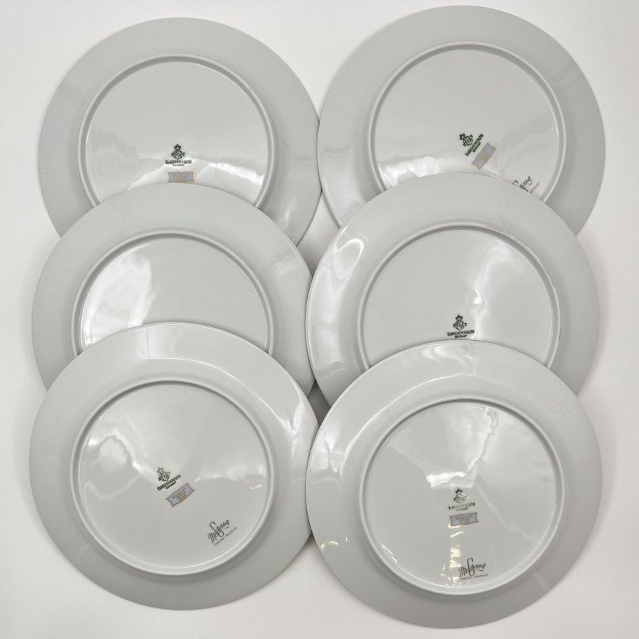 Набор десертных тарелок с растительным декором на 6 персон, серия "Charleroi-Bruxelles", фарфор, золочение, Tirschenreuth, Германия, 1969-1990 гг.