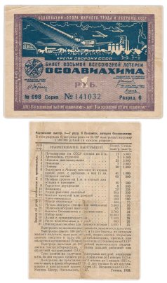 Лотерейный Билет Восьмой Всесоюзной Лотереи ОСОАВИАХИМА 1 рубль 1933 (разряд 6)