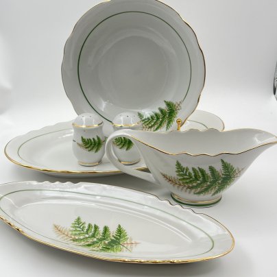 Набор сервировочный "Папоротники" (6 предметов), фасон "Гранёный", фарфор, деколь, золочение, Дулевский фарфоровый завод (Дулёво), Россия, 2006 г.