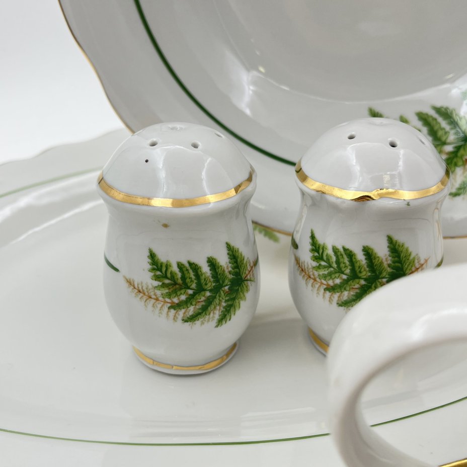 Набор сервировочный "Папоротники" (6 предметов), фасон "Гранёный", фарфор, деколь, золочение, Дулевский фарфоровый завод (Дулёво), Россия, 2006 г.