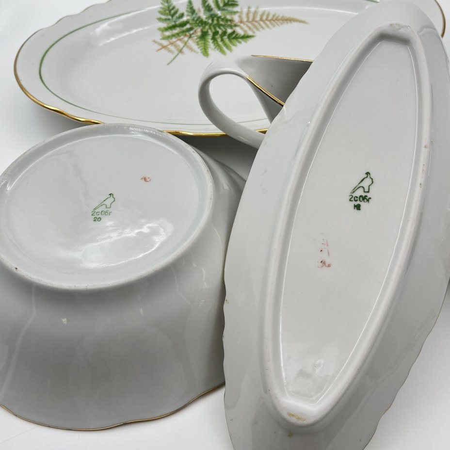 Набор сервировочный "Папоротники" (6 предметов), фасон "Гранёный", фарфор, деколь, золочение, Дулевский фарфоровый завод (Дулёво), Россия, 2006 г.