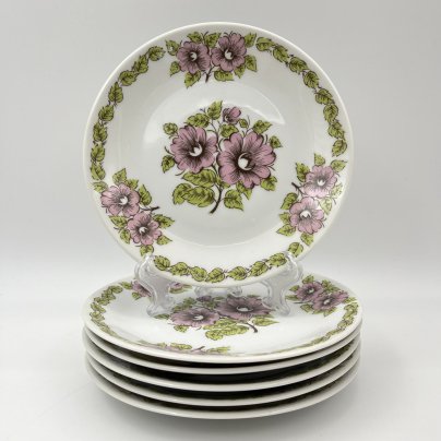 Набор из шести пирожковых тарелок с цветочным декором в розово-зеленой гамме