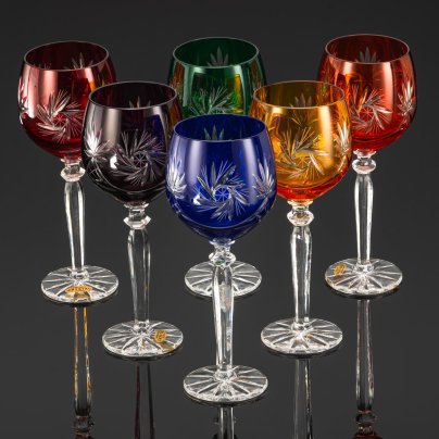 Набор крупных бокалов для вина разноцветных оттенков на 6 персон, Zawiercie Glass, хрусталь, алмазная грань, Польша, 1990-2010 гг.