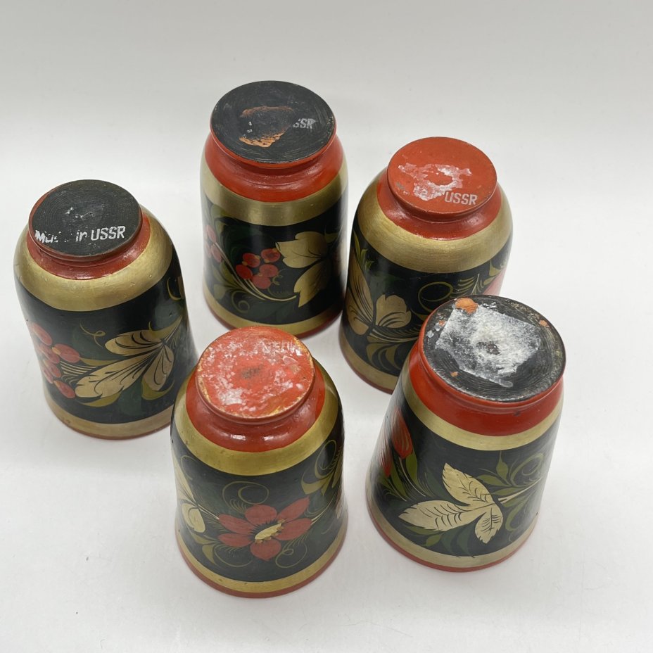 Набор из 5 стаканов/стопок "Хохлома", дерево, роспись, СССР, 1970-1990 гг.