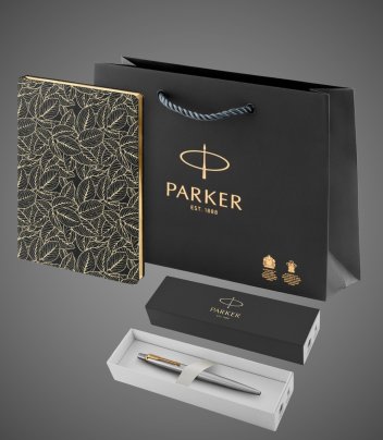 Подарочный набор: Шариковая ручка Parker Jotter Essential, St. Steel GT, стержень: Mblue и Ежедневник недатированный, черный., Металлы: нержавеющая сталь, позолота, позолота