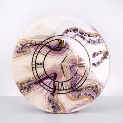 Часы настенные "Летний вечер", авторская ручная работа в технике Resin Art, Глянцевое 3D покрытие, натуральный камень, Россия, 2021 г.