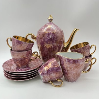 Сервиз кофейный на 5 персон (12 предметов), декорированный разводами фиолетового оттенка, фарфор, золочение, Wloclawek (Влоцлавская фаянсовая фабрика), Польша, 1973-1991 гг.