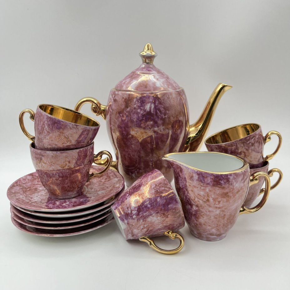 Сервиз кофейный на 5 персон (12 предметов), декорированный разводами фиолетового оттенка, фарфор, золочение, Wloclawek (Влоцлавская фаянсовая фабрика), Польша, 1973-1991 гг.