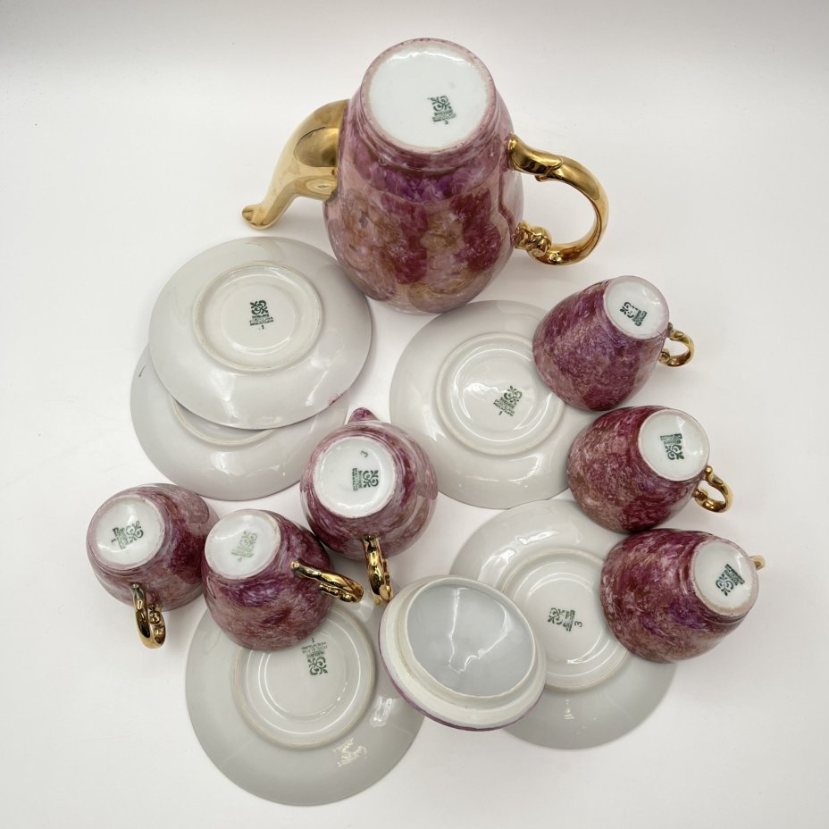 Сервиз кофейный на 5 персон (12 предметов), декорированный разводами фиолетового оттенка, фарфор, золочение, Wloclawek (Влоцлавская фаянсовая фабрика), Польша, 1973-1991 гг.