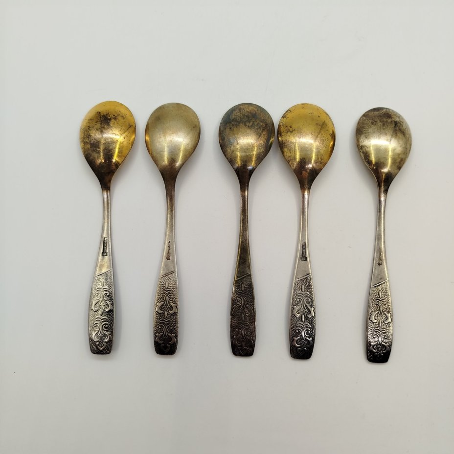Набор из пяти чайных ложек, мНЦ (медь-никель-цинк), золочение, Завод «Кристалл», г. Орджоникидзе, СССР, 1974-1990 гг.