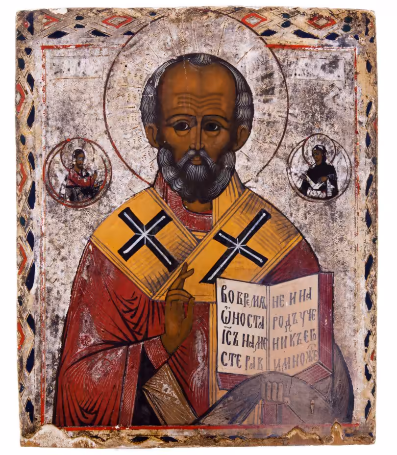 Икона "Святитель Николай Угодник (Николай Чудотворец) с предстоящими", дерево, темпера, Российская Империя, 1880-1900 гг.