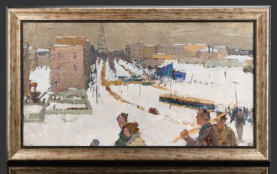Картина "Город строится", художник Моторин Алексей Васильевич (1924-2004), оргалит, масло, СССР, 1958 г.