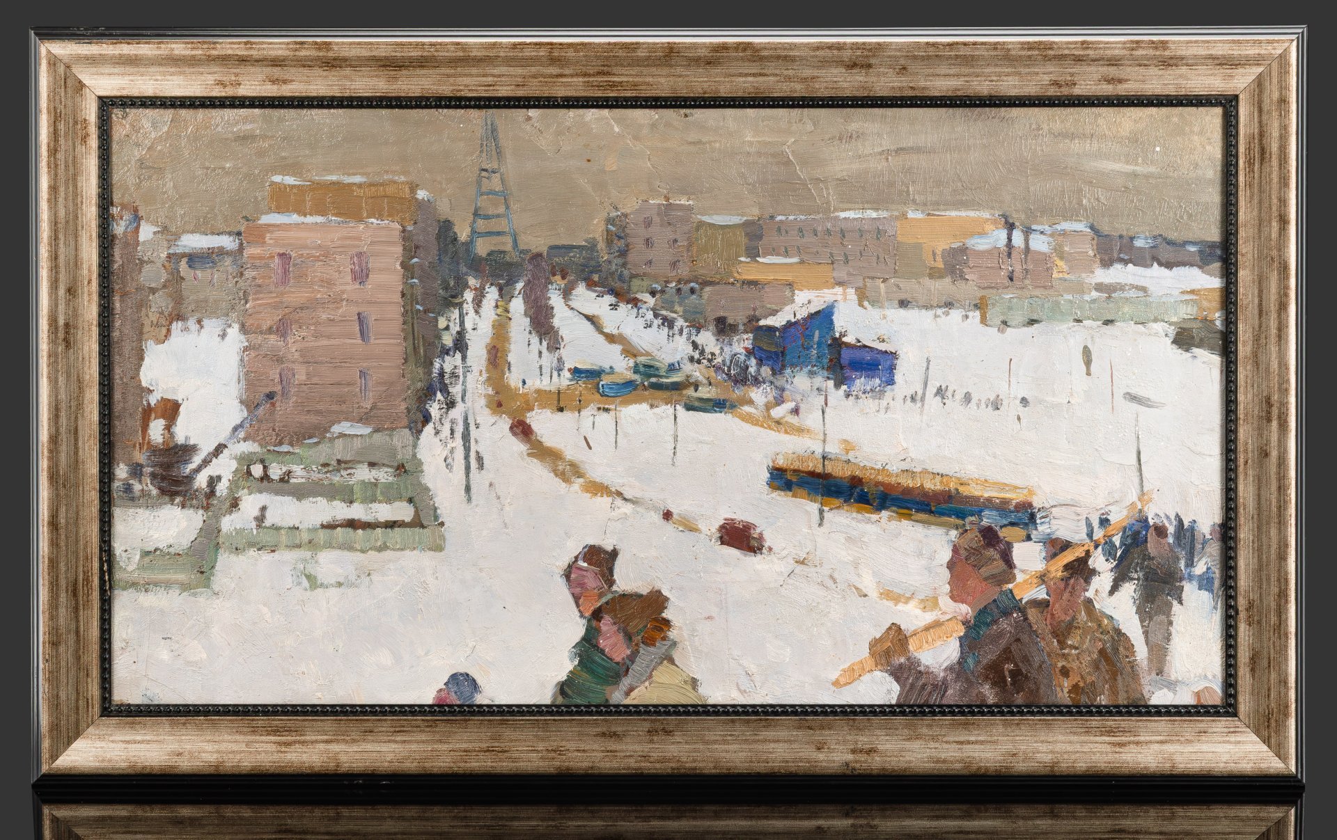 Картина "Город строится", художник Моторин Алексей Васильевич (1924-2004), оргалит, масло, СССР, 1958 г.