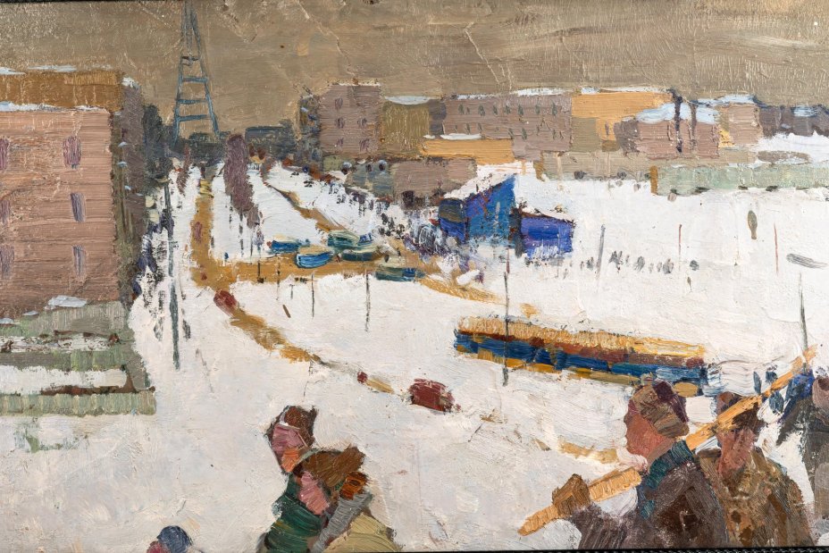 Картина "Город строится", художник Моторин Алексей Васильевич (1924-2004), оргалит, масло