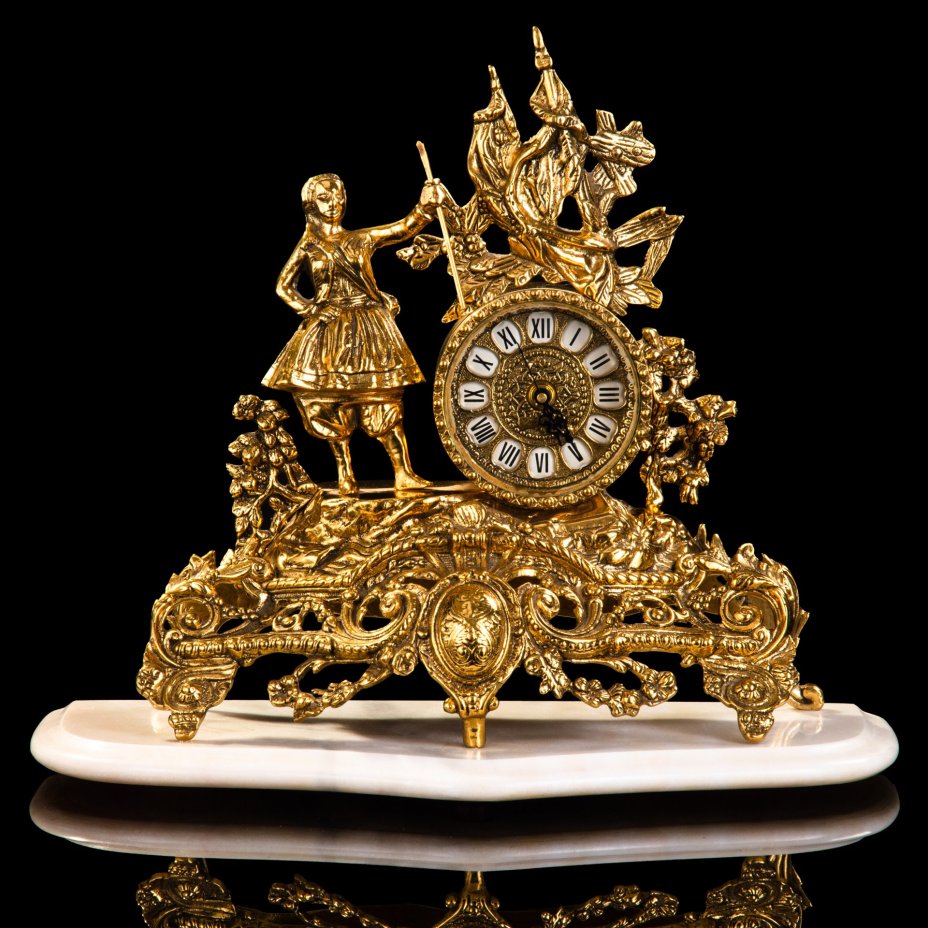Часы каминные "Урожай" на массивном ажурном основании, "Belo De Bronze", бронза, мрамор, кварцевый механизм