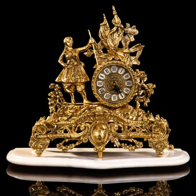 Часы каминные "Урожай" на массивном ажурном основании, "Belo De Bronze", бронза, мрамор, кварцевый механизм