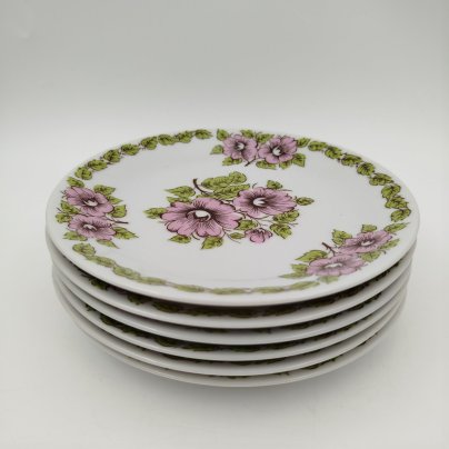 Набор из шести пирожковых тарелок с цветочным декором в розово-зеленой гамме, фарфор, печать, Epiag Royal Czechoslovakia, Чехословакия, 1970-1990 гг.