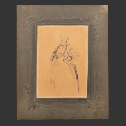 Эскиз "Крестьянка", оформленный в паспарту и застеклённую раму, художник Малявин Филипп Андреевич (предположительно), бумага, карандаш, Россия, 1910-1930 гг.