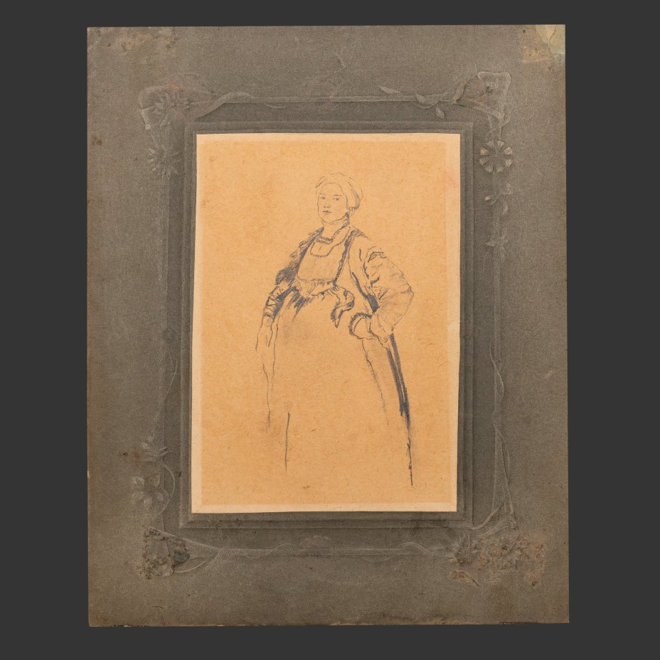 Эскиз "Крестьянка", оформленный в паспарту и застеклённую раму, художник Малявин Филипп Андреевич (предположительно), бумага, карандаш, Россия, 1910-1930 гг.