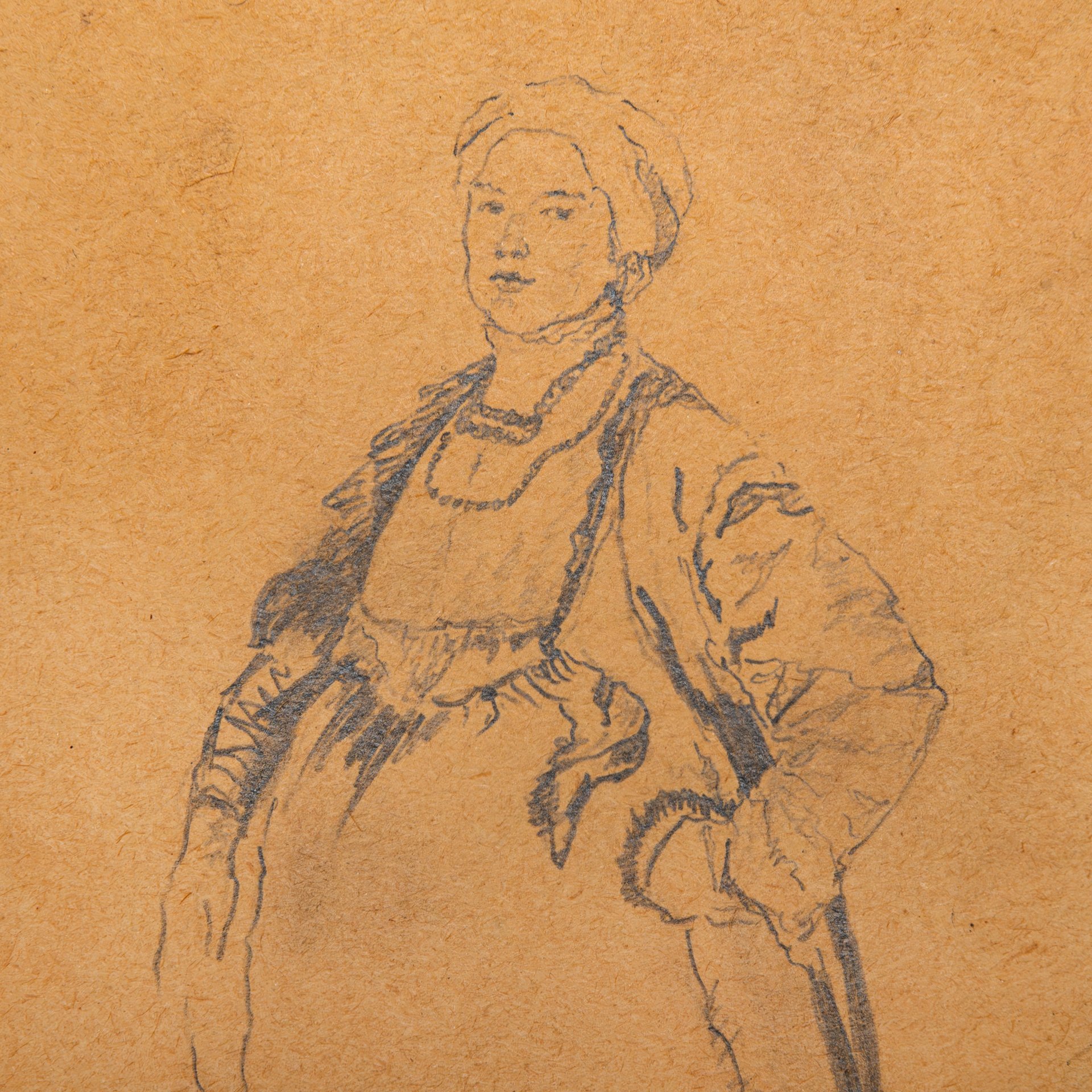 Эскиз "Крестьянка", оформленный в паспарту и застеклённую раму, художник Малявин Филипп Андреевич (предположительно), бумага, карандаш, Россия, 1910-1930 гг.