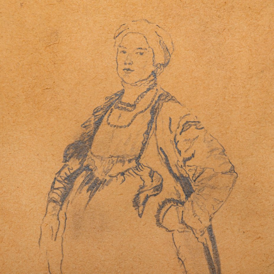 Эскиз "Крестьянка", оформленный в паспарту и застеклённую раму, художник Малявин Филипп Андреевич (предположительно), бумага, карандаш, Россия, 1910-1930 гг.