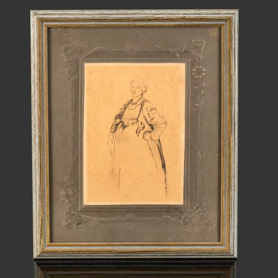 Эскиз "Крестьянка", оформленный в паспарту и застеклённую раму, художник Малявин Филипп Андреевич (предположительно)