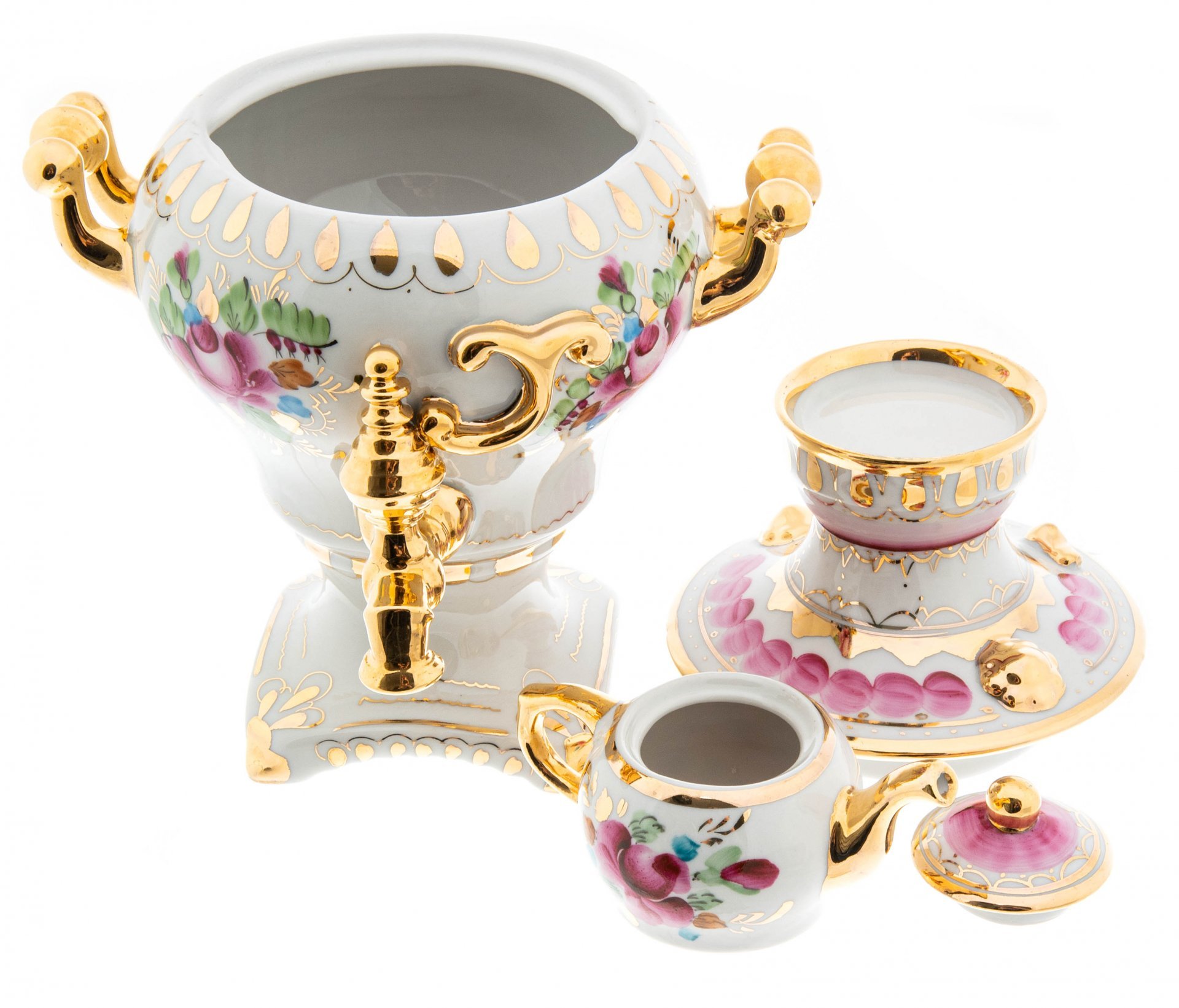 Самовар декоративный с чайничком, фарфор, роспись с золочением, Турыгинский завод "Художественная керамика" ("Гжель"), СССР, 1970-1990 гг., Турыгинский фарфоровый завод артели «Художественная керамика» (Гжель)