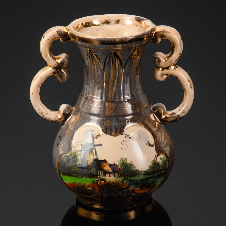 Ваза декоративная, украшенная изображением ветряной мельницы, H. Bequet Quaregnon, керамика, крытье, золочение, Бельгия, 1950-1970 гг.