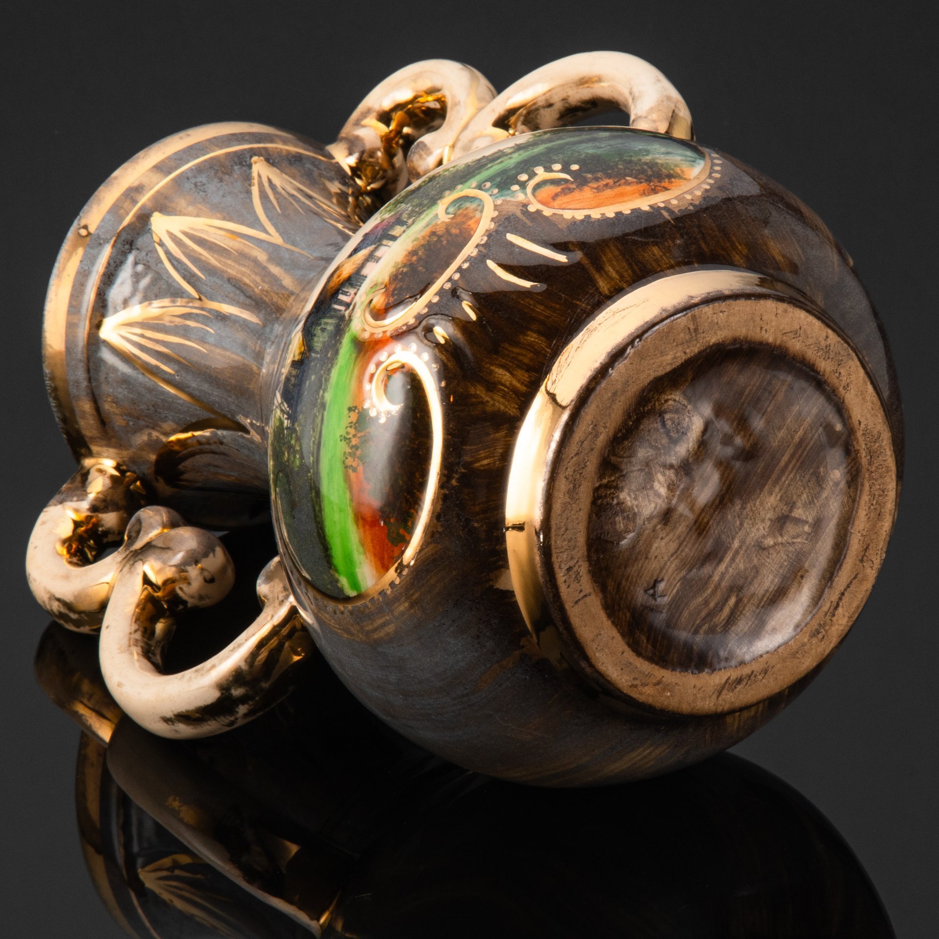 Ваза декоративная, украшенная изображением ветряной мельницы, H. Bequet Quaregnon, керамика, крытье, золочение, Бельгия, 1950-1970 гг.