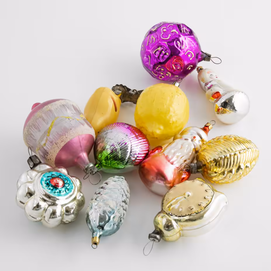 Набор из 11 елочных игрушек, стекло, металл, СССР, 1960-1980 гг.