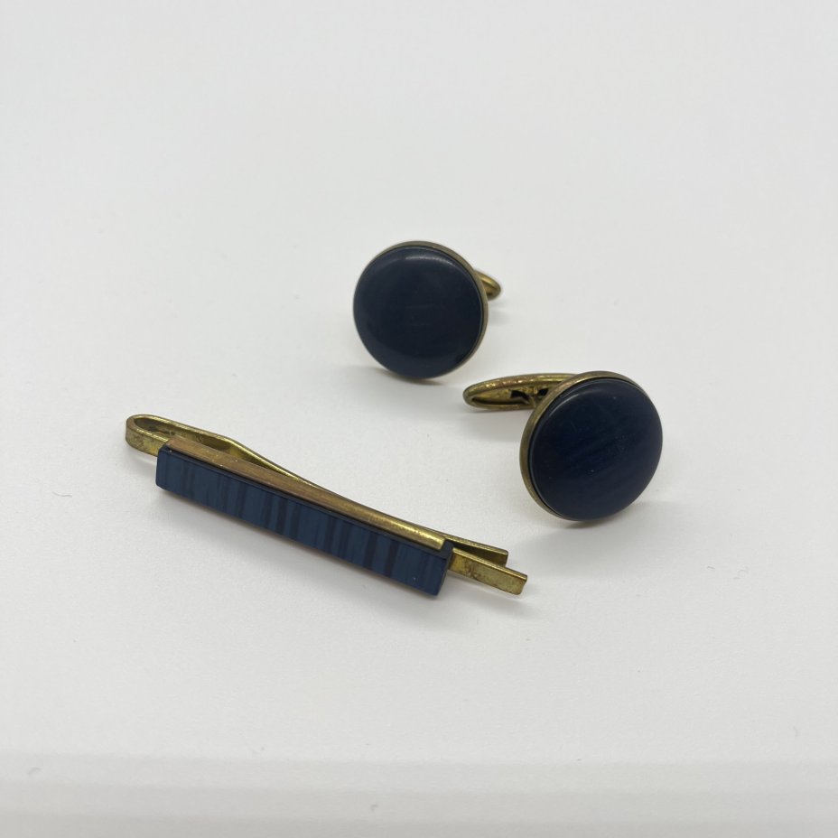 Запонки винтажные в темно-синем оттенке и зажим для галстука, металл, пластик, СССР, 1970-1990 гг.