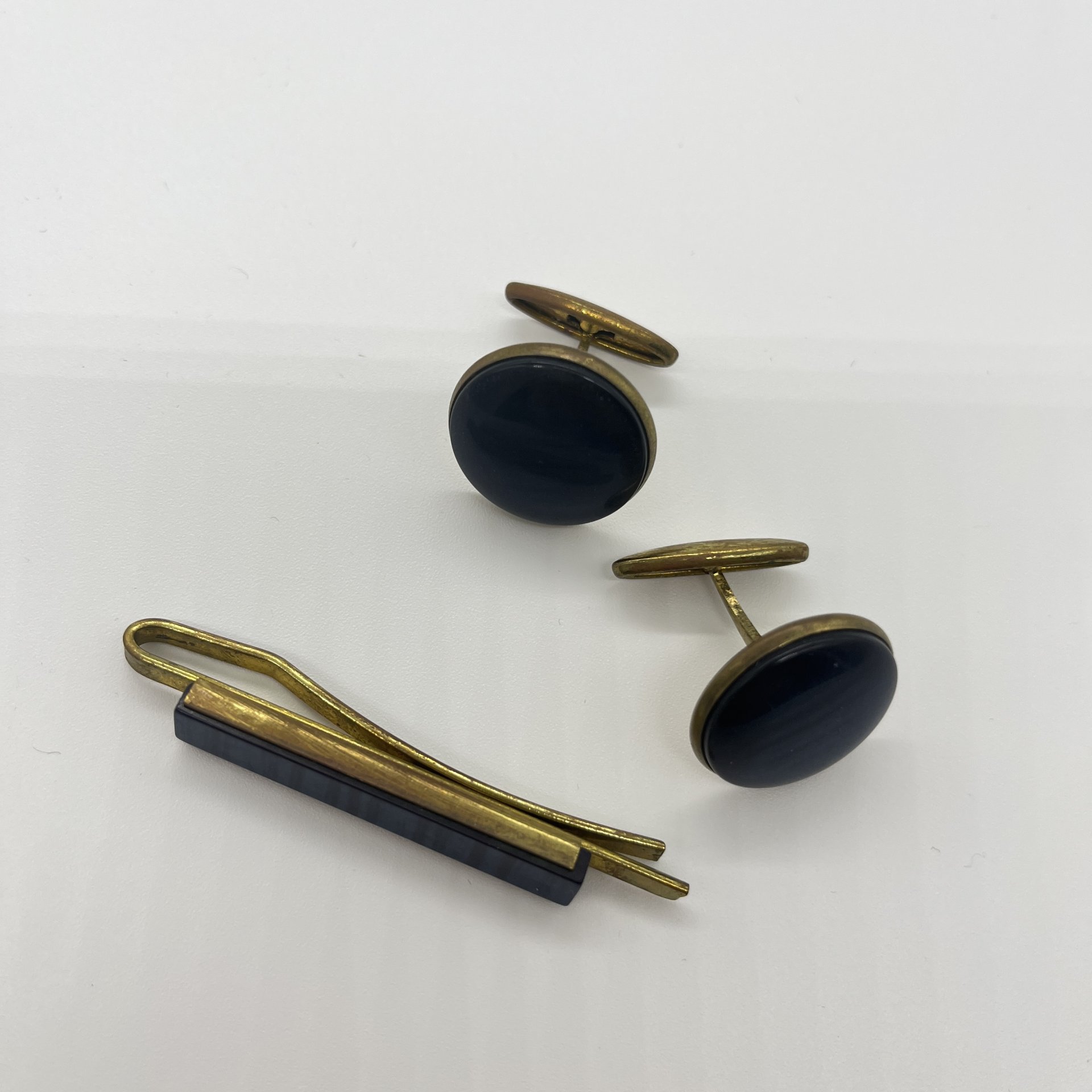 Запонки винтажные в темно-синем оттенке и зажим для галстука, металл, пластик, СССР, 1970-1990 гг.