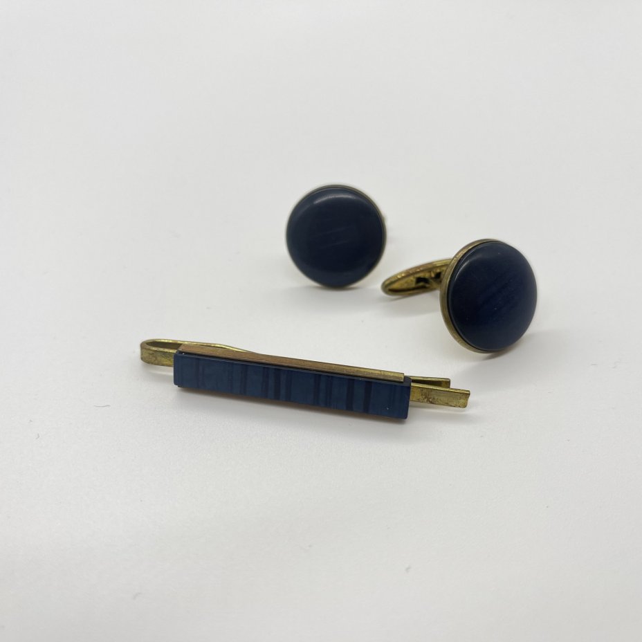 Запонки винтажные в темно-синем оттенке и зажим для галстука