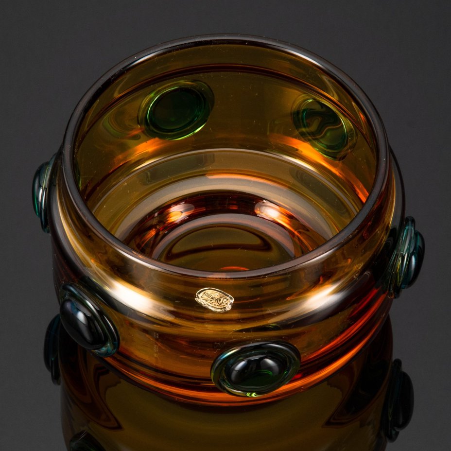 Ваза (фруктовница) необычной формы  Prachen , дизайн Josef Hospodka, стекло, гутная техника, налепы, Bohemia Crystalite, Чехословакия, 1969-1970 гг.