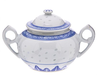 Сахарница с двумя ручками, рисовый  фарфор, деколь, Китай, 1960-1990 гг.
