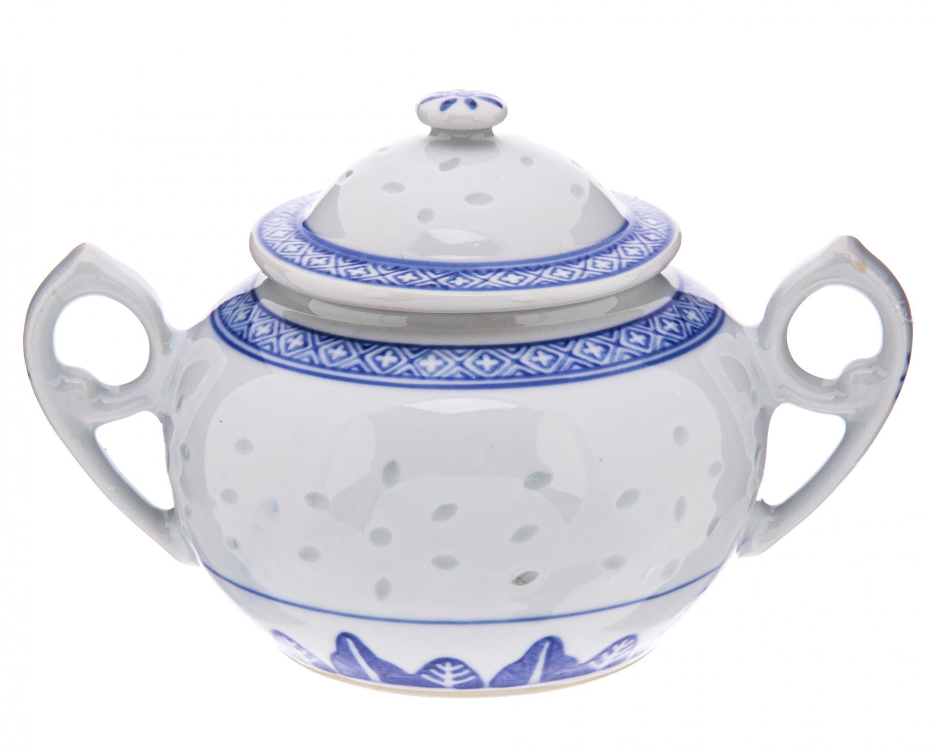 Сахарница с двумя ручками, рисовый  фарфор, деколь, Китай, 1960-1990 гг.