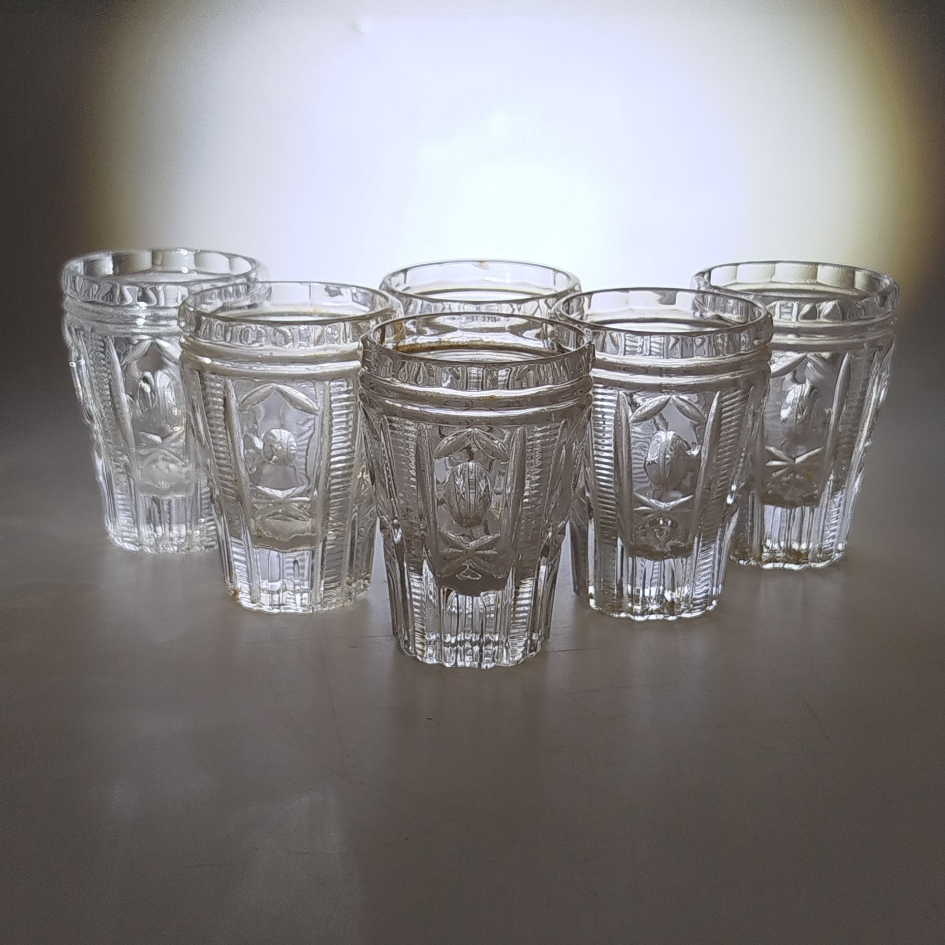 Набор из 6-ти стопок с геометрическим декором, стекло, пресс, СССР, 1970-1990 гг.